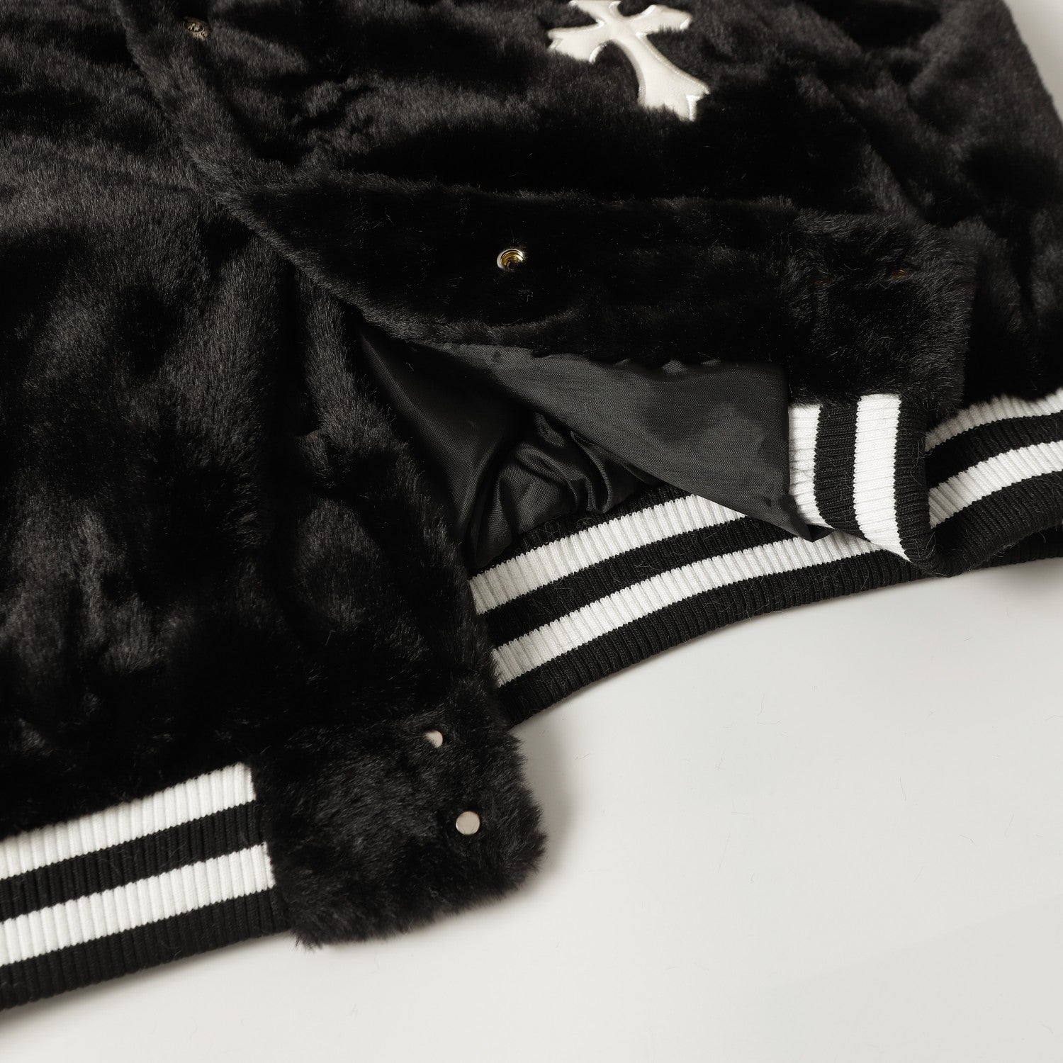 Faux Fur Cross Varsity Jacket - Black White Gothic Streetwear 035